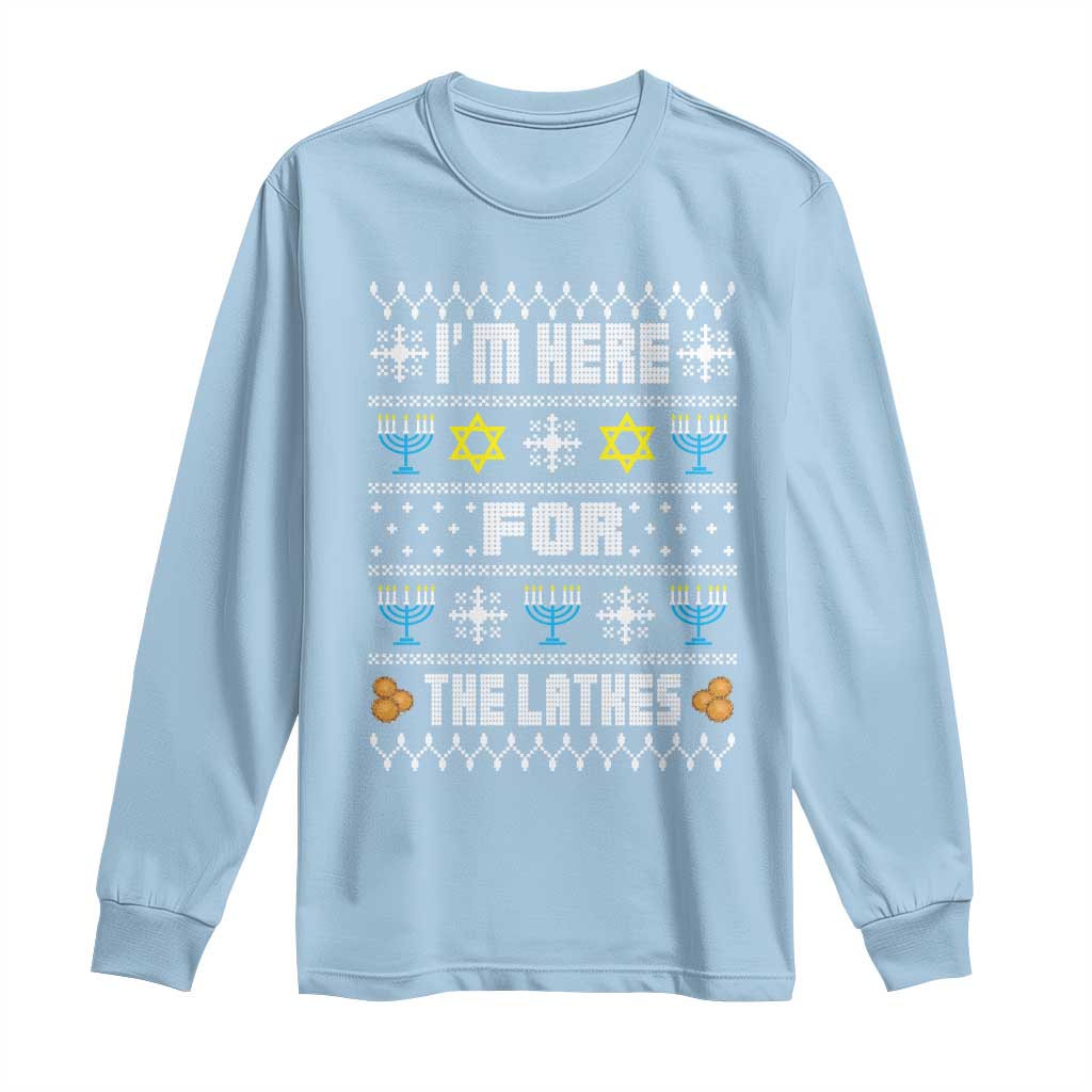 Funny Hanukkah Long Sleeve Shirt I'm Here For The Latkes Menorah TS11 Light Blue Print Your Wear