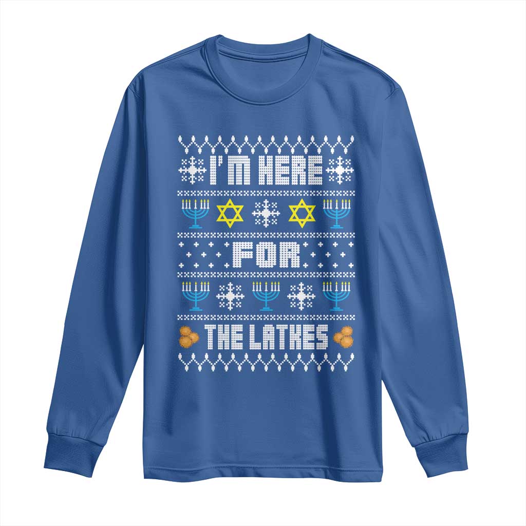 Funny Hanukkah Long Sleeve Shirt I'm Here For The Latkes Menorah TS11 Royal Blue Print Your Wear