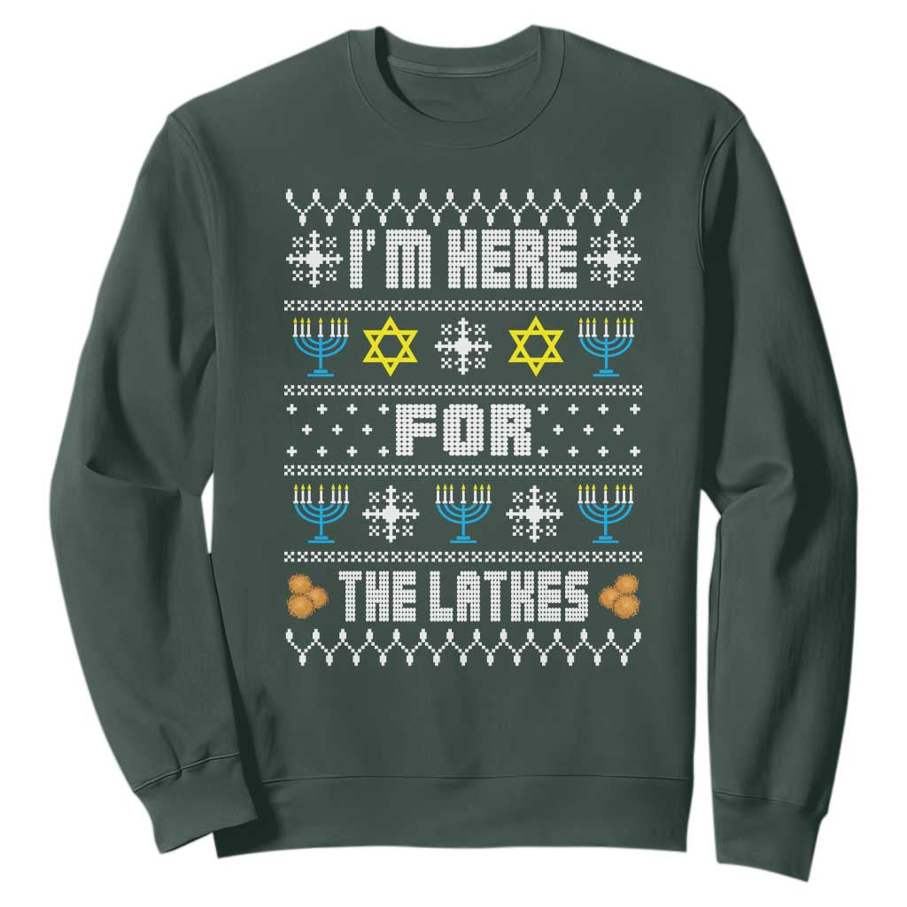 Funny Hanukkah Sweatshirt I'm Here For The Latkes Menorah TS11 Dark Forest Green Print Your Wear