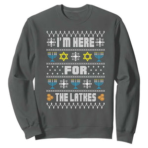 Funny Hanukkah Sweatshirt I'm Here For The Latkes Menorah TS11 Dark Heather Print Your Wear