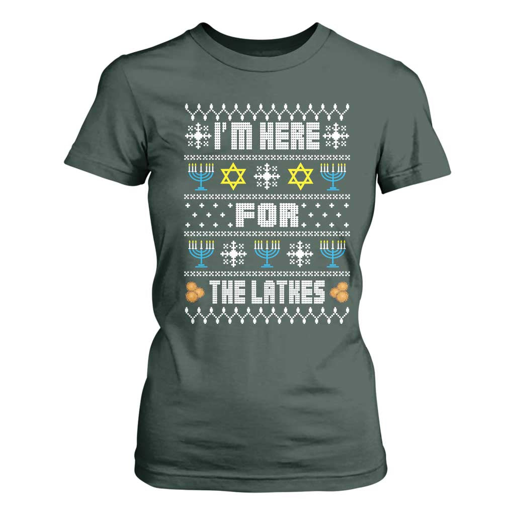 Funny Hanukkah T Shirt For Women I'm Here For The Latkes Menorah TS11 Dark Forest Green Print Your Wear