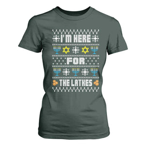 Funny Hanukkah T Shirt For Women I'm Here For The Latkes Menorah TS11 Dark Forest Green Print Your Wear