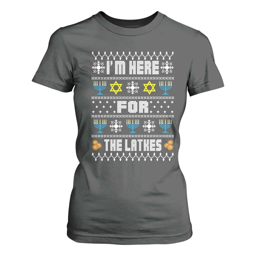 Funny Hanukkah T Shirt For Women I'm Here For The Latkes Menorah TS11 Dark Heather Print Your Wear