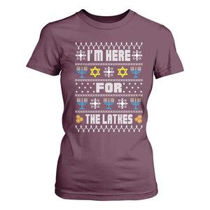 Funny Hanukkah T Shirt For Women I'm Here For The Latkes Menorah TS11 Maroon Print Your Wear