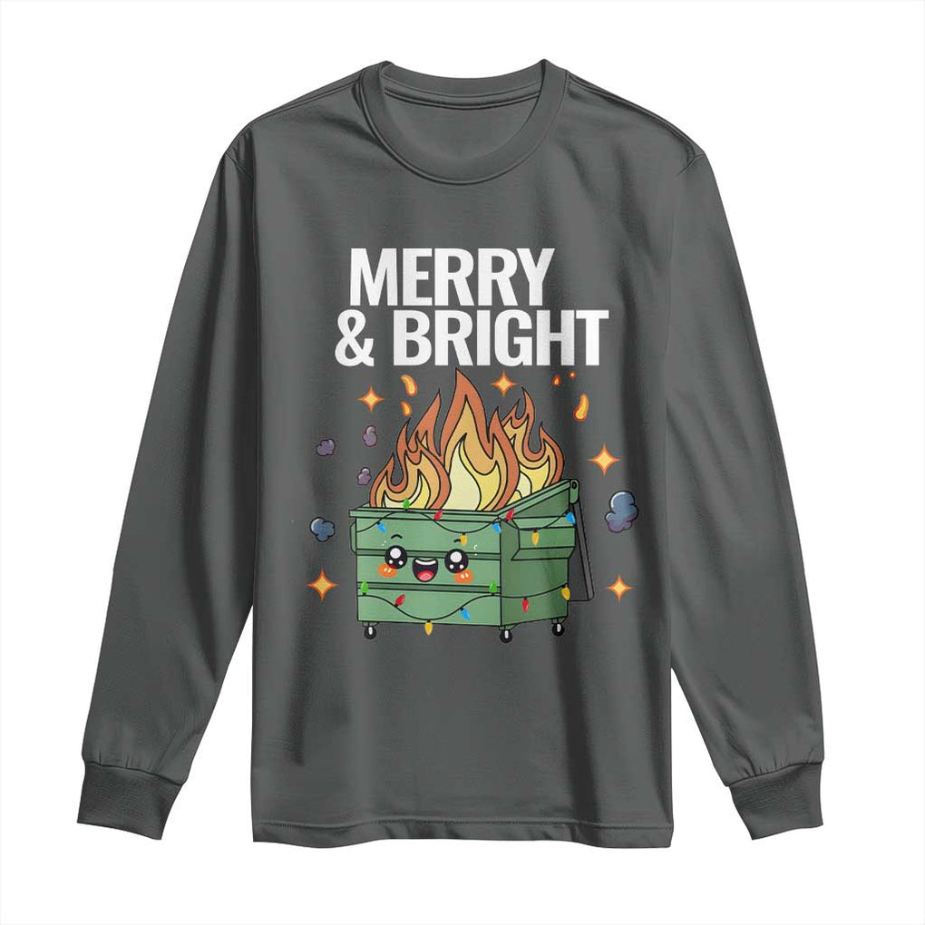 Funny Lil Fire Dumpster Christmas Long Sleeve Shirt Merry And Bright Xmas Led Lights TS11 Dark Heather Print Your Wear