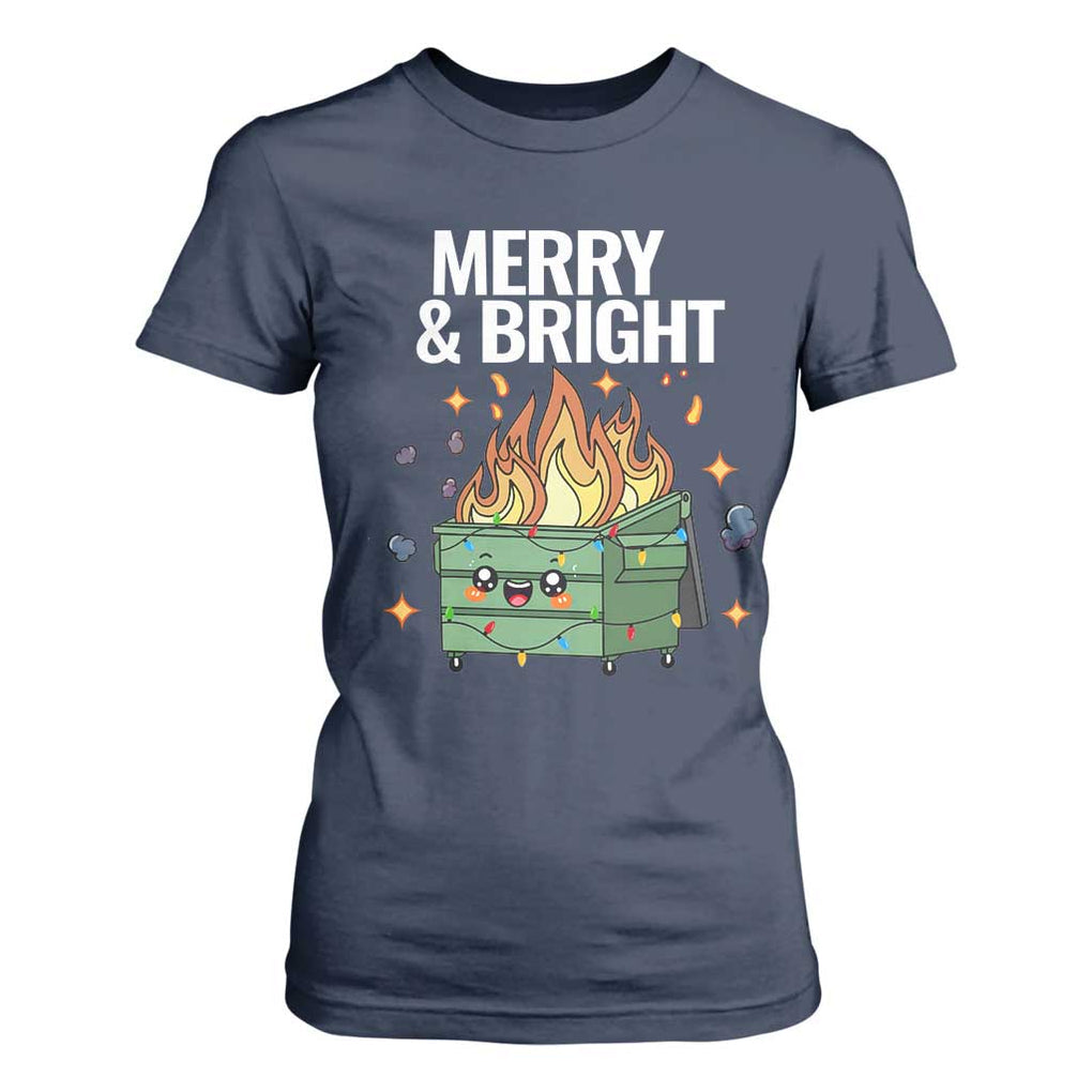 Funny Lil Fire Dumpster Christmas T Shirt For Women Merry And Bright Xmas Led Lights TS11 Navy Print Your Wear