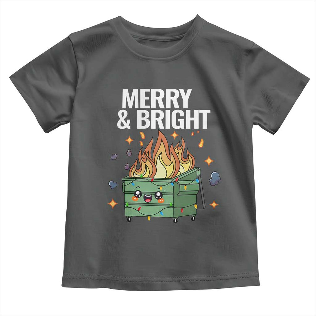 Funny Lil Fire Dumpster Christmas Toddler T Shirt Merry And Bright Xmas Led Lights TS11 Dark Heather Print Your Wear