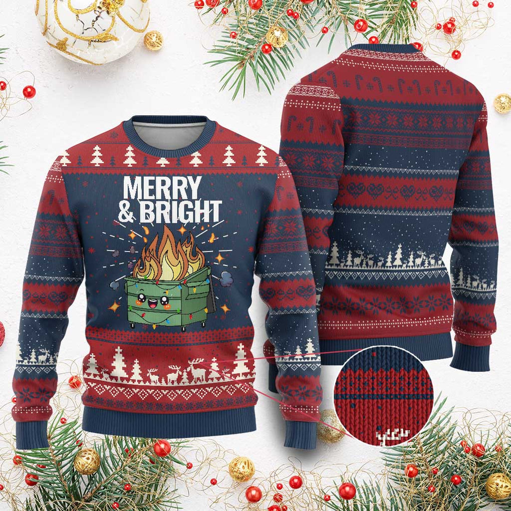 Funny Lil Fire Dumpster Xmas Ugly Christmas Sweater Merry And Bright Xmas Led Lights TS11 Burgundy Print Your Wear