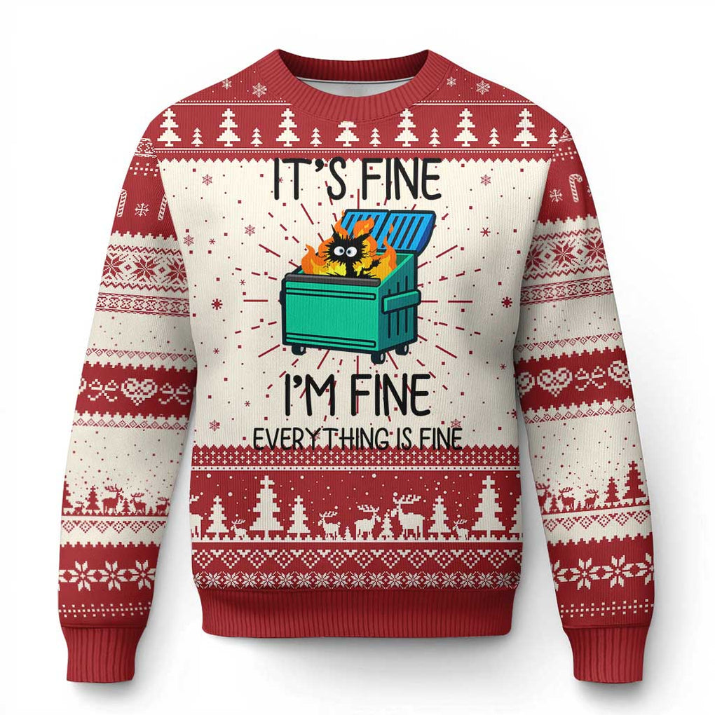 Funny It's Fine I'm Everything Is Fine Ugly Christmas Sweater Black Cat Lil Dumpster Fire TS11 Red Print Your Wear