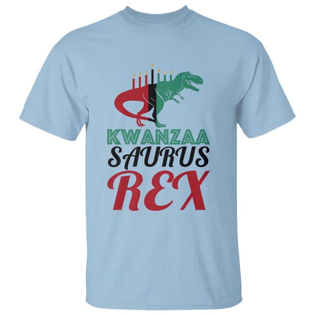 Kwanzaa Saurus Rex Kinara Candles Dinosaur T-rex African Heritage T Shirt TS11 Light Blue Print Your Wear