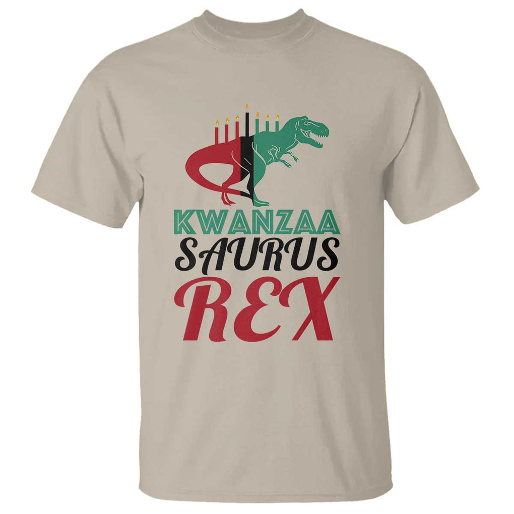 Kwanzaa Saurus Rex Kinara Candles Dinosaur T-rex African Heritage T Shirt TS11 Sand Print Your Wear