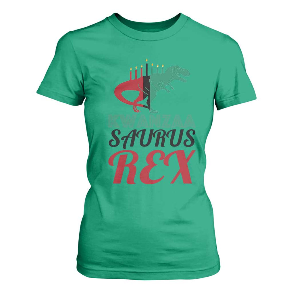 Kwanzaa Saurus Rex Kinara Candles Dinosaur T-rex African Heritage T Shirt For Women TS11 Irish Green Print Your Wear