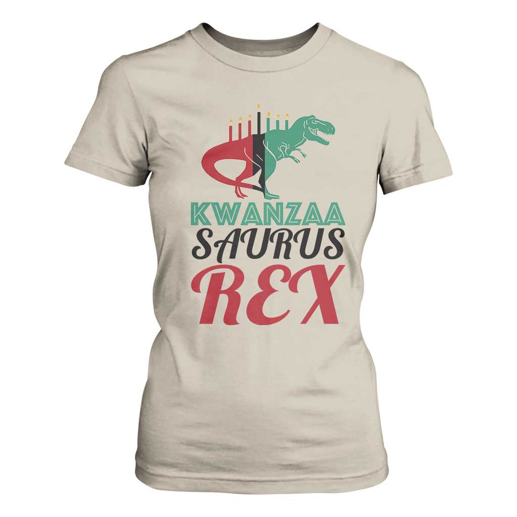 Kwanzaa Saurus Rex Kinara Candles Dinosaur T-rex African Heritage T Shirt For Women TS11 Sand Print Your Wear