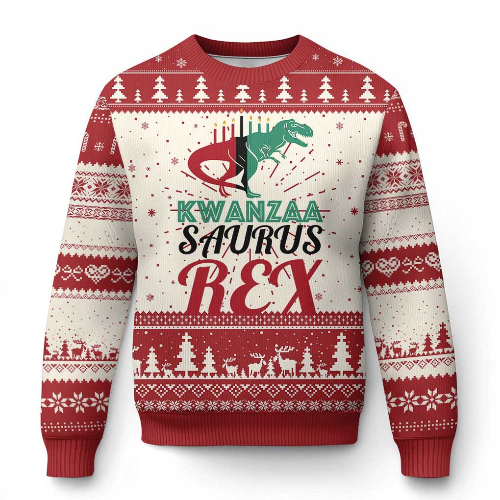 Kwanzaa Saurus Rex Kinara Candles Dinosaur T-rex African Heritage Ugly Christmas Sweater TS11 Red Print Your Wear