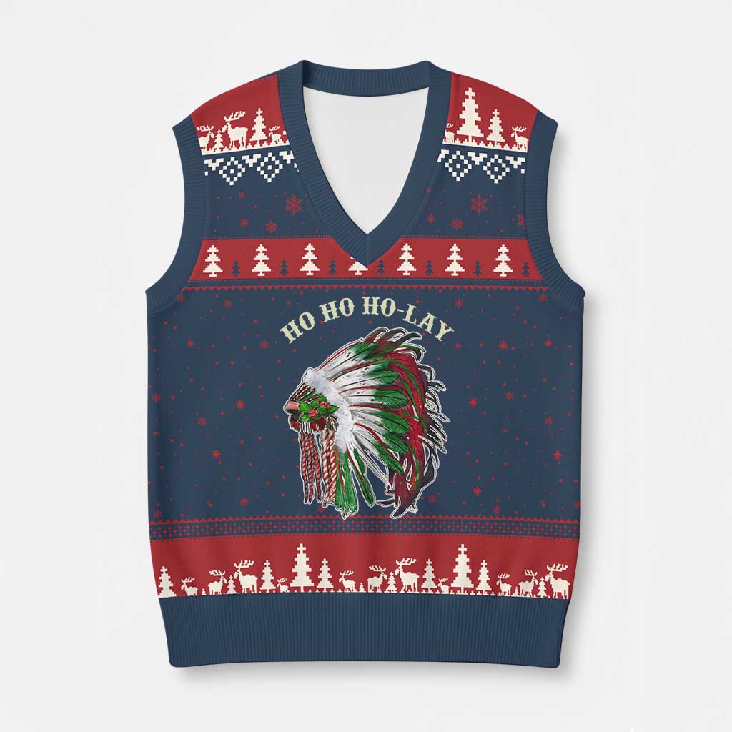 Funny Xmas Native American V-Neck Knit Sweater Vest Ho Ho Ho Lay Vintage War Bonnet TS11 Navy Red Print Your Wear