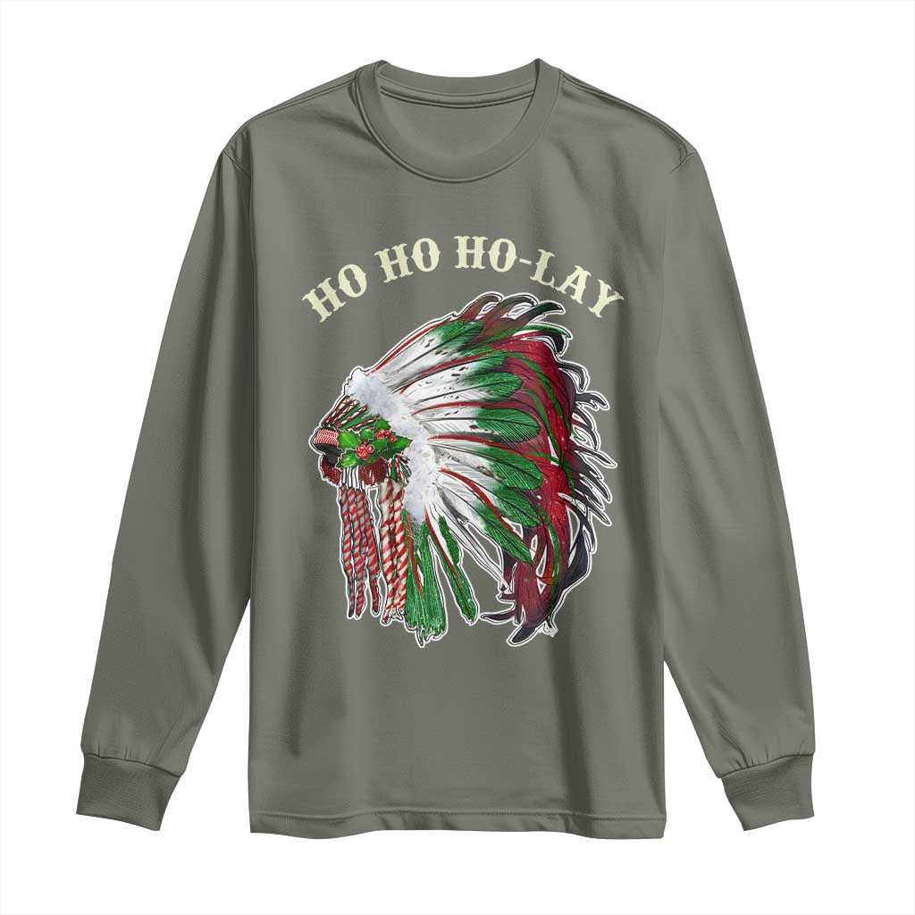 Funny Christmas Native American Long Sleeve Shirt Ho Ho Ho Lay Vintage War Bonnet TS11 Military Green Print Your Wear