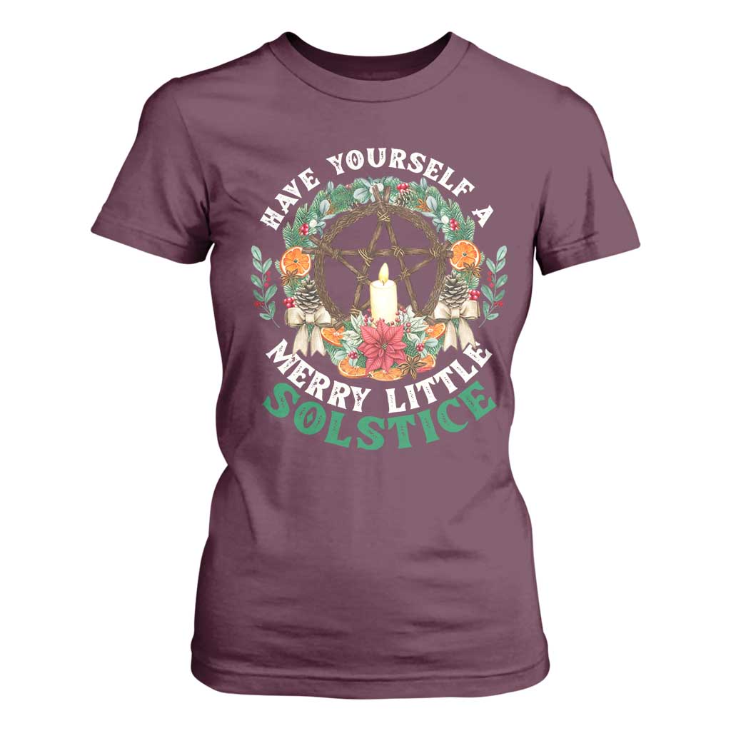 Have Yourself A Merry Little Solstice T Shirt For Women Pagan Pentagram Christmas Wreath TS11 Maroon Print Your Wear