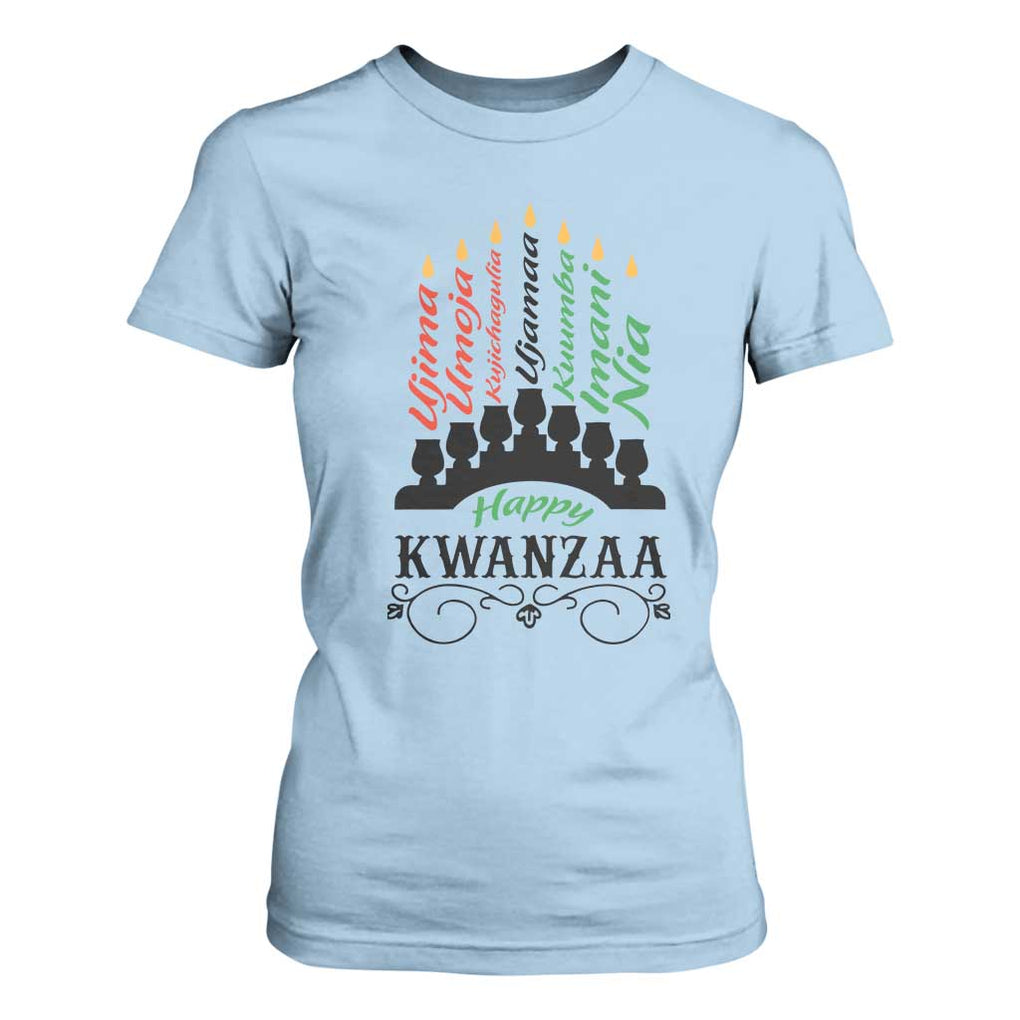 Happy Kwanzaa The 7 Principles African Nguzo Saba Kinara Candles T Shirt For Women TS11 Light Blue Print Your Wear