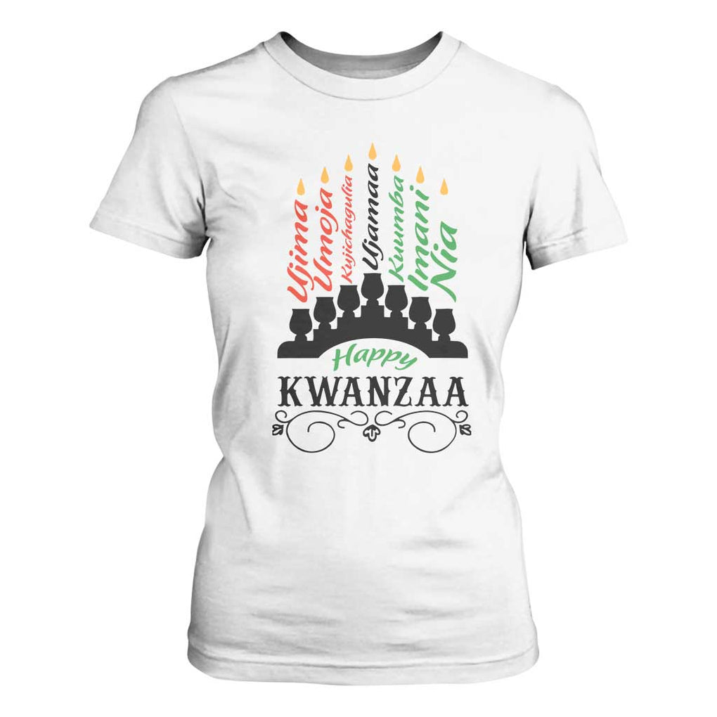 Happy Kwanzaa The 7 Principles African Nguzo Saba Kinara Candles T Shirt For Women TS11 White Print Your Wear