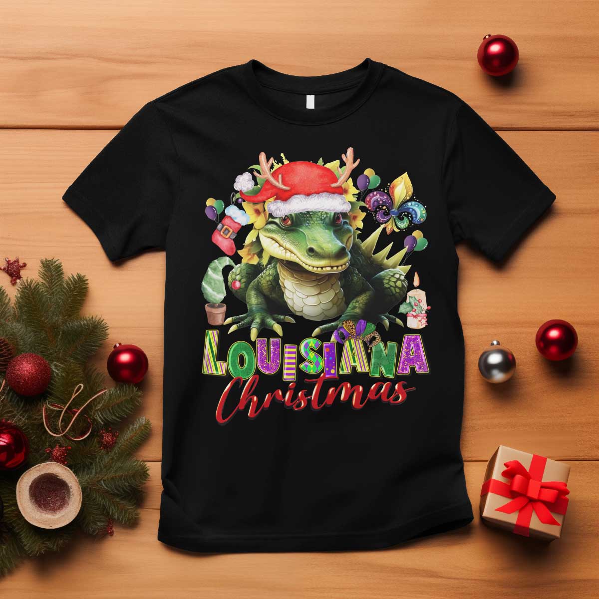Funny Cajun Louisiana Christmas Santa's Alligator T Shirt TS11 Black Print Your Wear