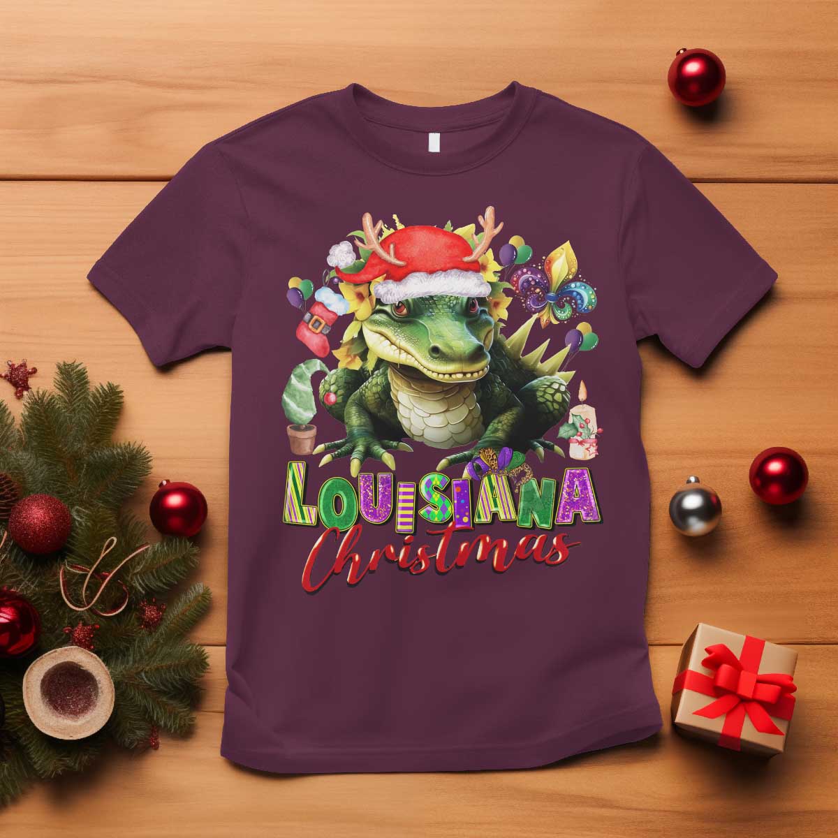 Funny Cajun Louisiana Christmas Santa's Alligator T Shirt TS11 Maroon Print Your Wear