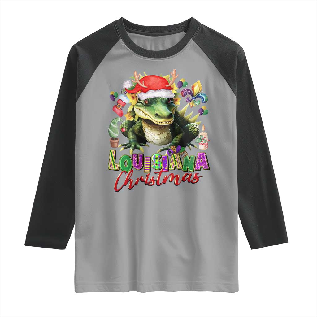Funny Cajun Louisiana Christmas Santa's Alligator Raglan Shirt TS11 Sport Gray Black Print Your Wear