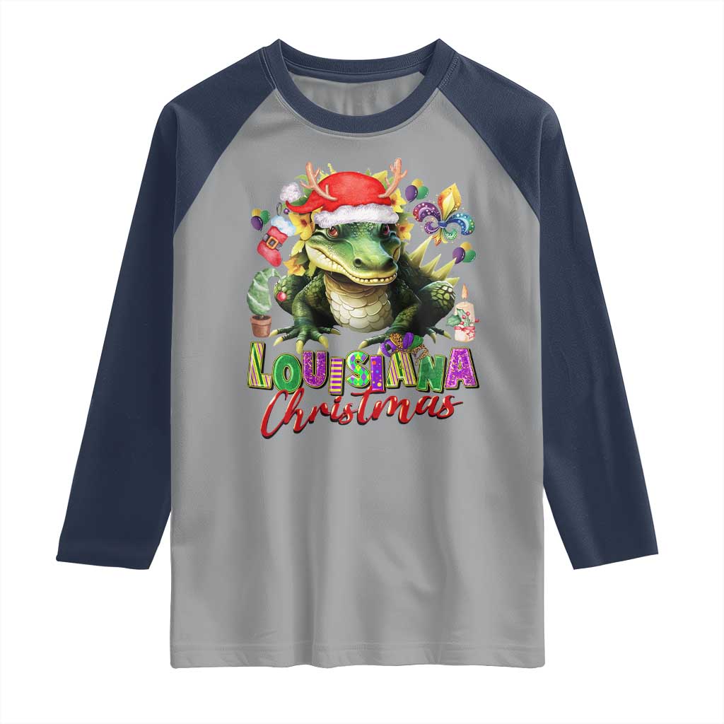 Funny Cajun Louisiana Christmas Santa's Alligator Raglan Shirt TS11 Sport Gray Navy Print Your Wear