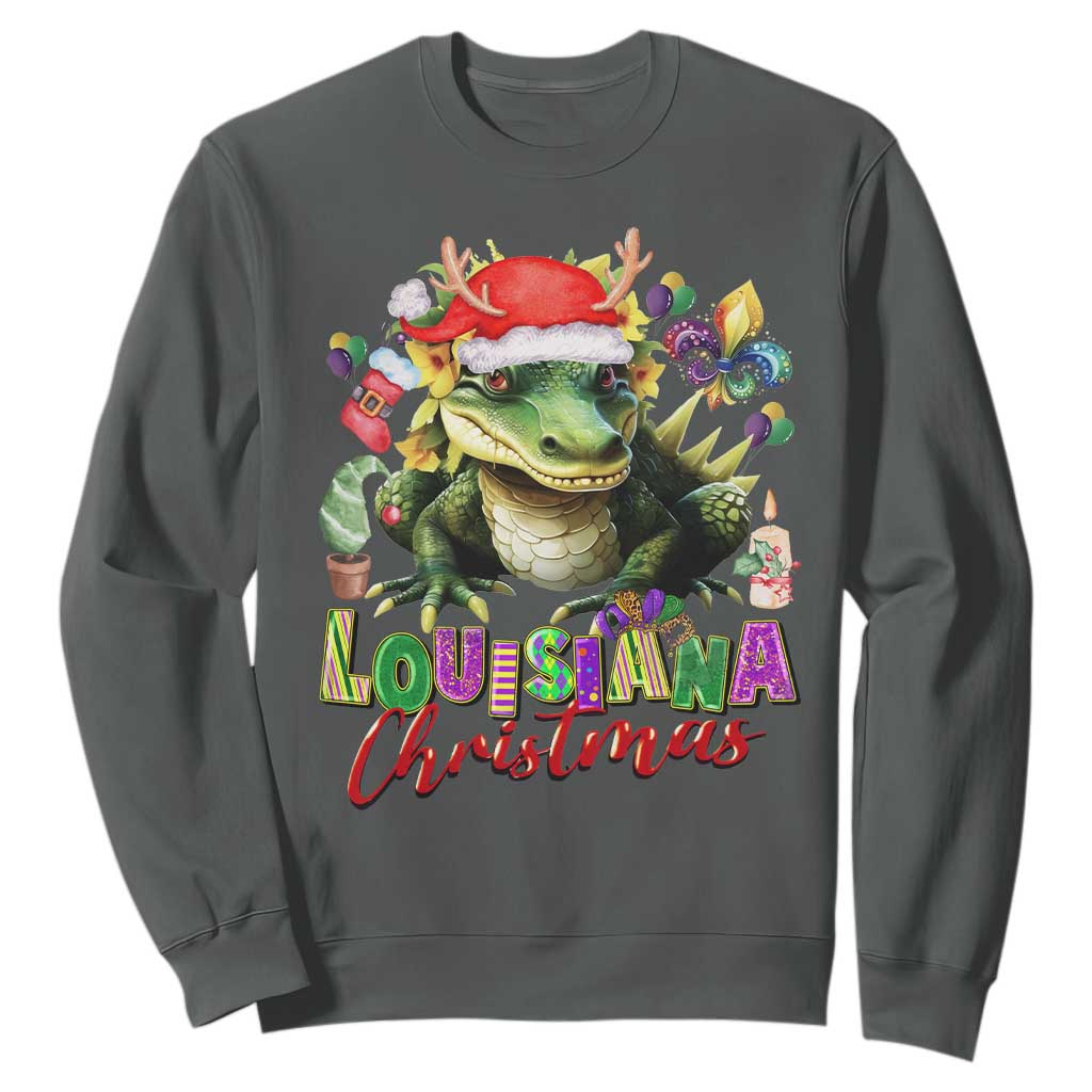 Funny Cajun Louisiana Christmas Santa's Alligator Sweatshirt TS11 Dark Heather Print Your Wear