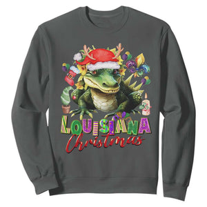 Funny Cajun Louisiana Christmas Santa's Alligator Sweatshirt TS11 Dark Heather Print Your Wear