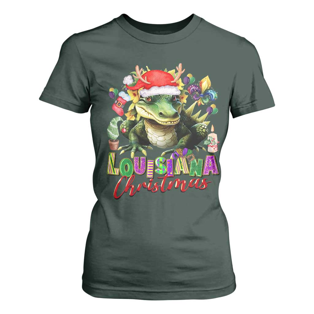 Funny Cajun Louisiana Christmas Santa's Alligator T Shirt For Women TS11 Dark Forest Green Print Your Wear