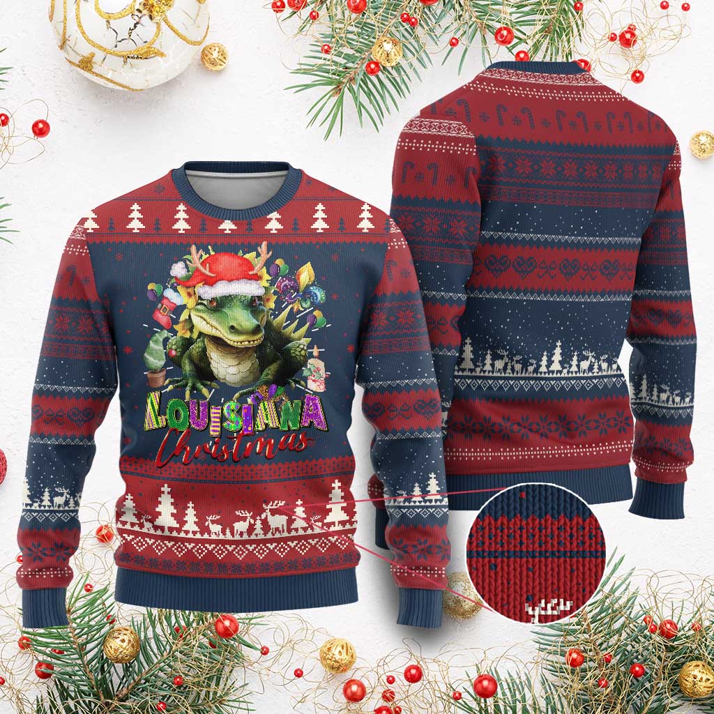 Funny Cajun Louisiana Christmas Santa's Alligator Ugly Christmas Sweater TS11 Burgundy Print Your Wear