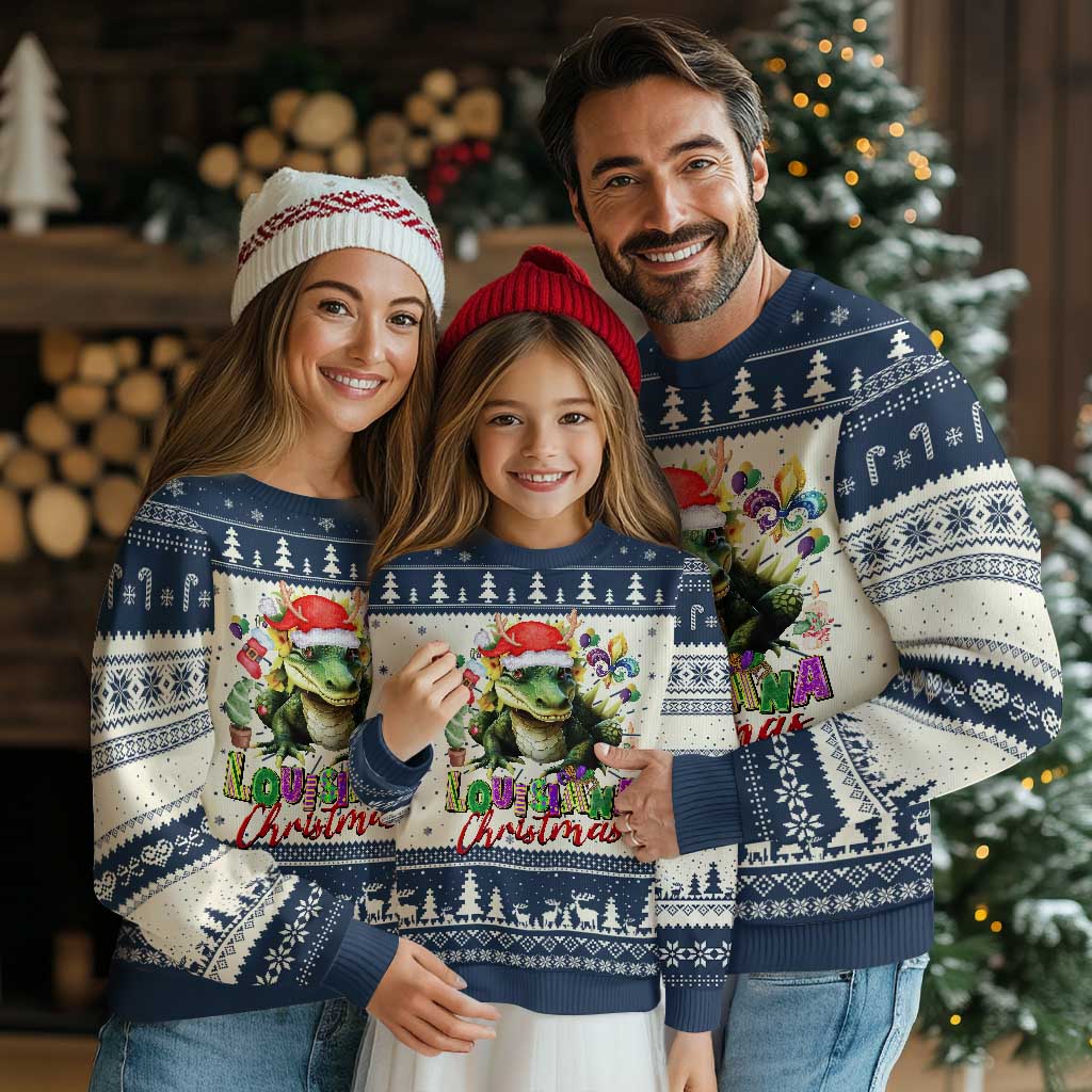 Funny Cajun Louisiana Christmas Santa's Alligator Ugly Christmas Sweater TS11 Navy Print Your Wear