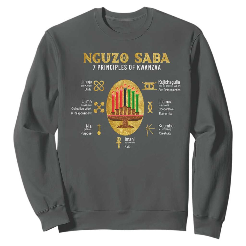 Nguzo Saba Symbols The 7 Principles Of Kwanzaa Kinara Candles Sweatshirt TS11 Dark Heather Print Your Wear