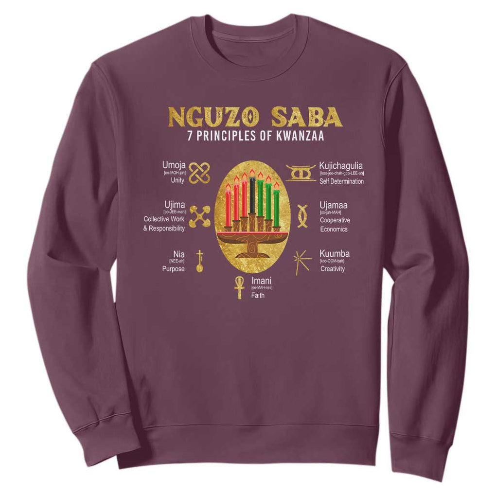 Nguzo Saba Symbols The 7 Principles Of Kwanzaa Kinara Candles Sweatshirt TS11 Maroon Print Your Wear