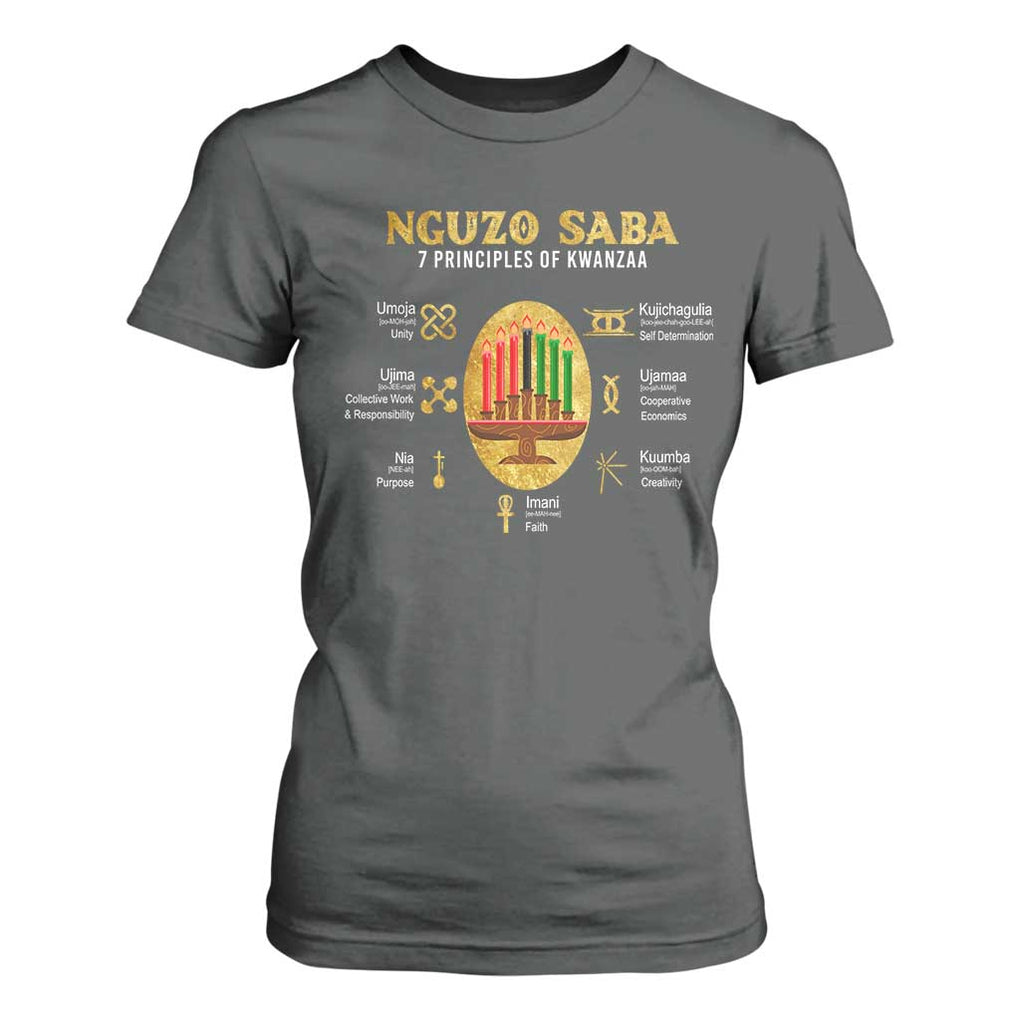 Nguzo Saba Symbols The 7 Principles Of Kwanzaa Kinara Candles T Shirt For Women TS11 Dark Heather Print Your Wear