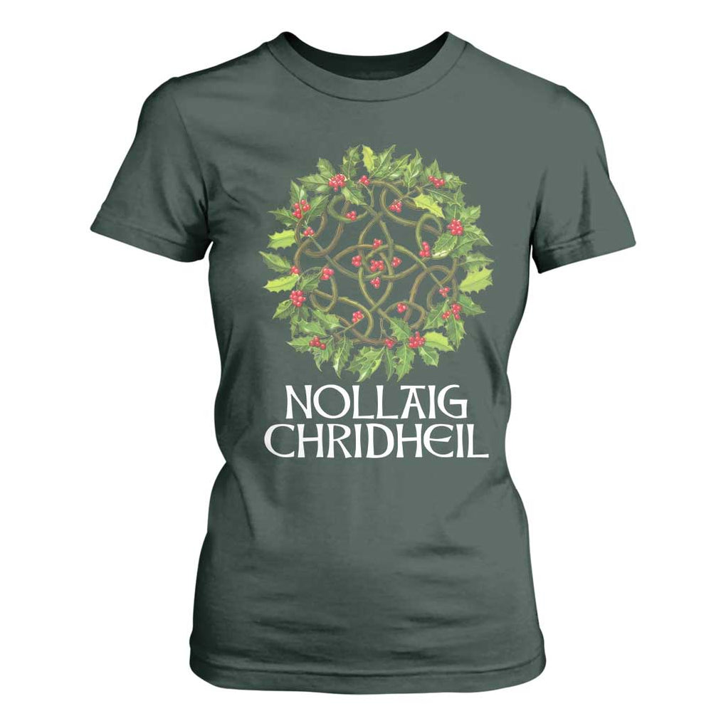 Scottish Merry Christmas T Shirt For Women Nollaig Chridhel Celtic Xmas Mistletoe TS11 Dark Forest Green Print Your Wear