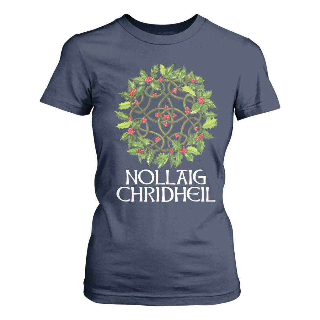Scottish Merry Christmas T Shirt For Women Nollaig Chridhel Celtic Xmas Mistletoe TS11 Navy Print Your Wear