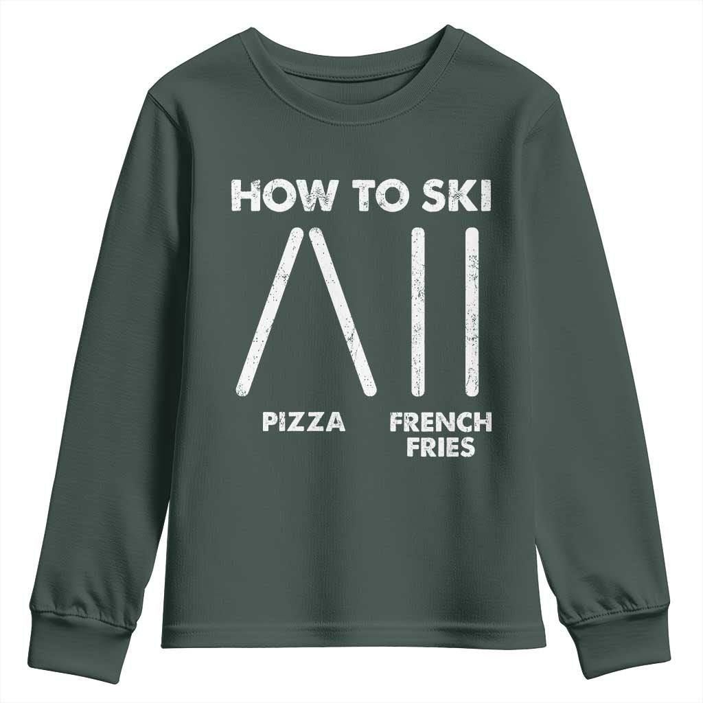 Funny Skiing Instructor Youth Sweatshirt How To Ski Food Lover Winter Sport TS11 Dark Forest Green Print Your Wear