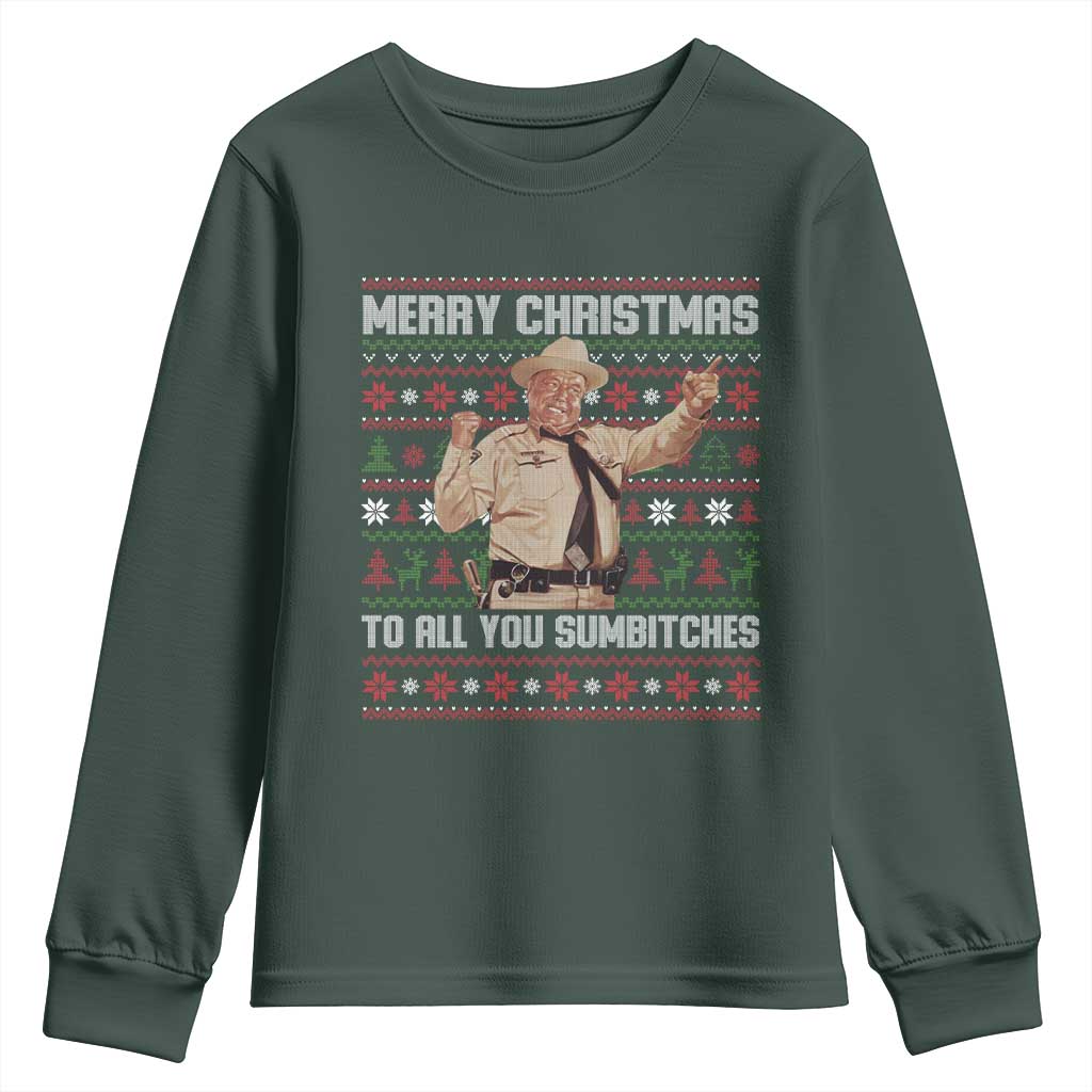 Merry Christmas To All You Sumbitches Youth Sweatshirt Funny Smokey Xmas Movie The Bandit TS11 Dark Forest Green Print Your Wear