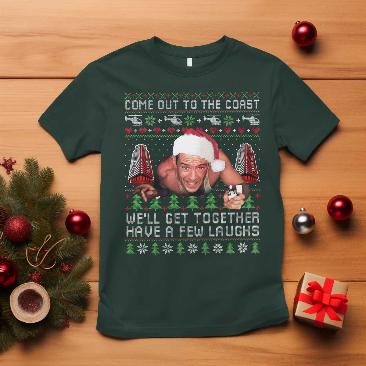 Funny Nakatomi Plaza Christmas T Shirt Come Out To The Coast John Xmas 80's Die Movie TS11 Dark Forest Green Print Your Wear