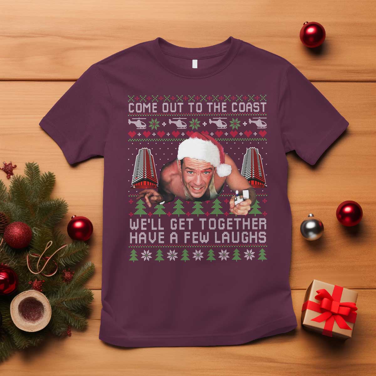 Funny Nakatomi Plaza Christmas T Shirt Come Out To The Coast John Xmas 80's Die Movie TS11 Maroon Print Your Wear