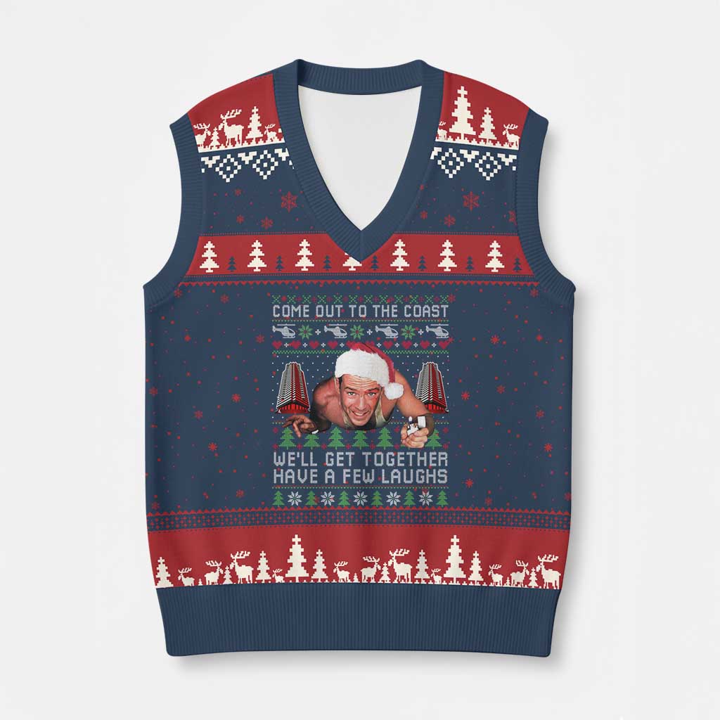 Funny Nakatomi Plaza Xmas V-Neck Knit Sweater Vest Come Out To The Coast John Xmas 80's Die Movie TS11 Navy Red Print Your Wear