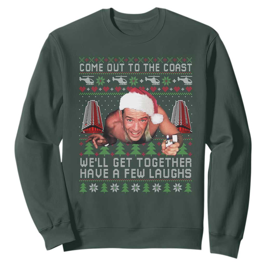 Funny Nakatomi Plaza Christmas Sweatshirt Come Out To The Coast John Xmas 80's Die Movie TS11 Dark Forest Green Print Your Wear