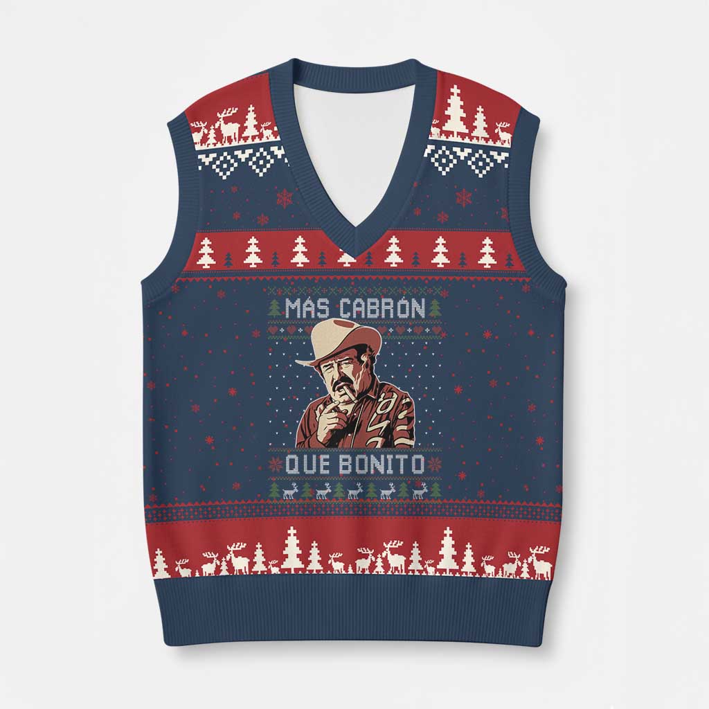 Funny Julian Garza Xmas V-Neck Knit Sweater Vest Mas Cabron Que Bonito Cowboy Holiday Mexican Xmas TS11 Navy Red Print Your Wear