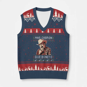 Funny Julian Garza Xmas V-Neck Knit Sweater Vest Mas Cabron Que Bonito Cowboy Holiday Mexican Xmas TS11 Navy Red Print Your Wear