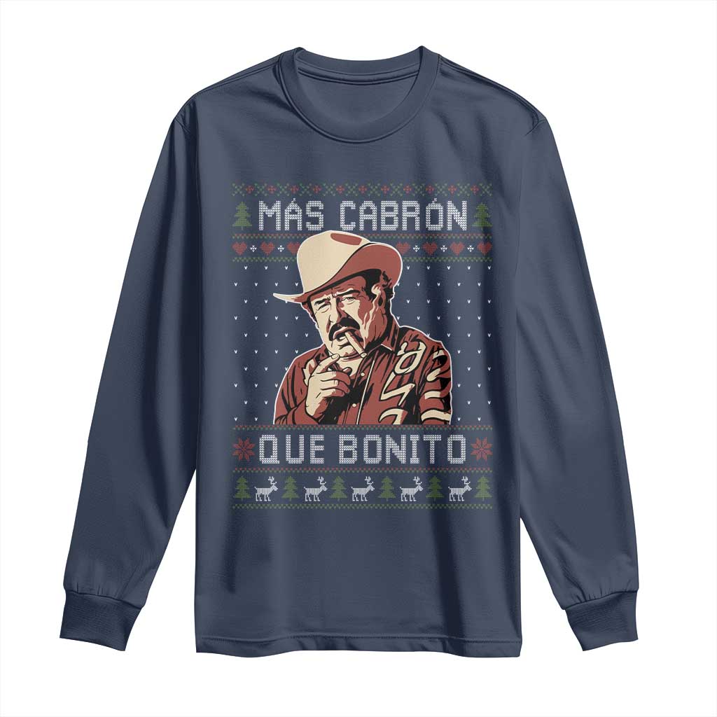 Funny Julian Garza Christmas Long Sleeve Shirt Mas Cabron Que Bonito Cowboy Holiday Mexican Xmas TS11 Navy Print Your Wear
