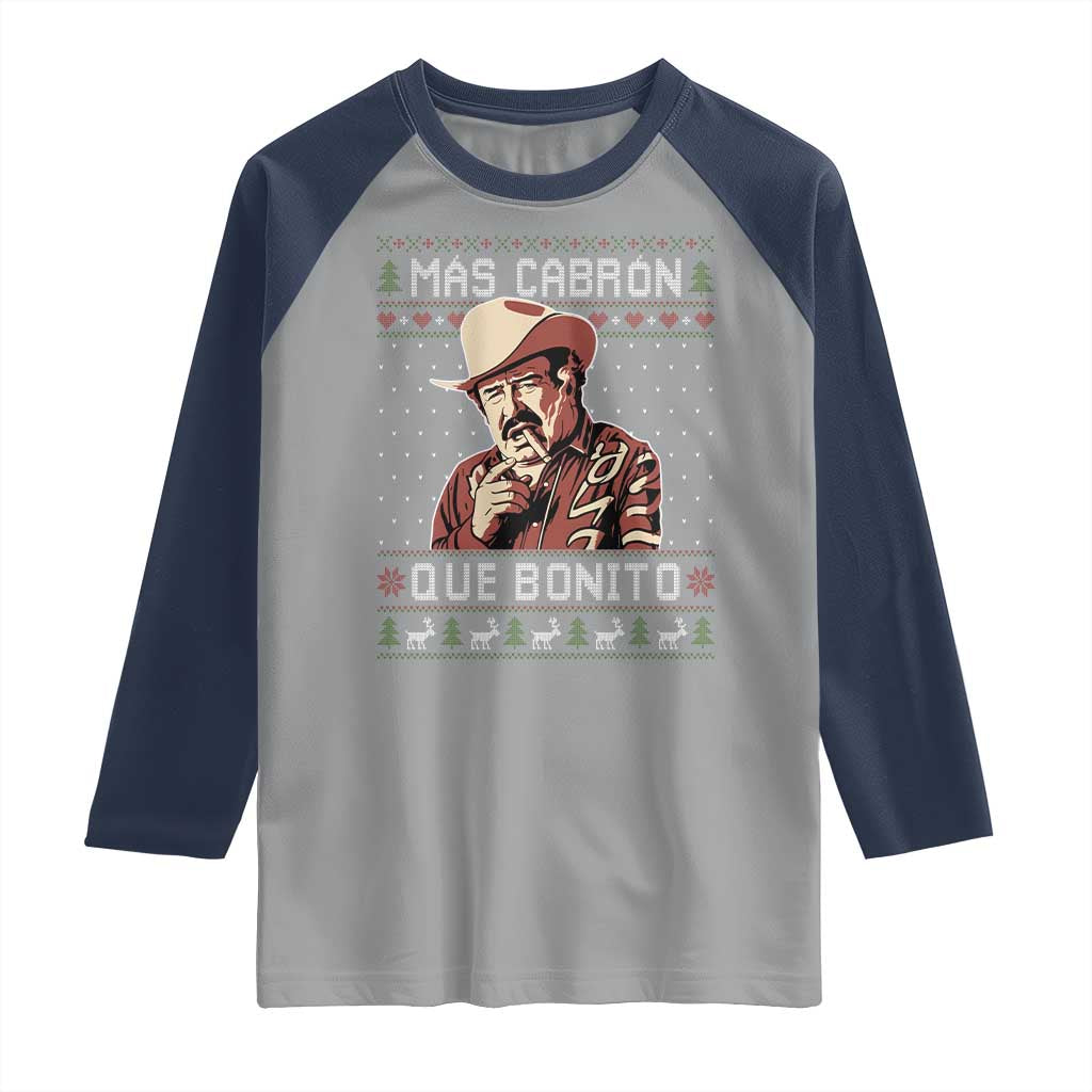 Funny Julian Garza Christmas Raglan Shirt Mas Cabron Que Bonito Cowboy Holiday Mexican Xmas TS11 Sport Gray Navy Print Your Wear