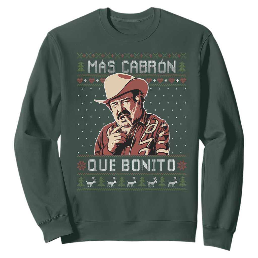 Funny Julian Garza Christmas Sweatshirt Mas Cabron Que Bonito Cowboy Holiday Mexican Xmas TS11 Dark Forest Green Print Your Wear