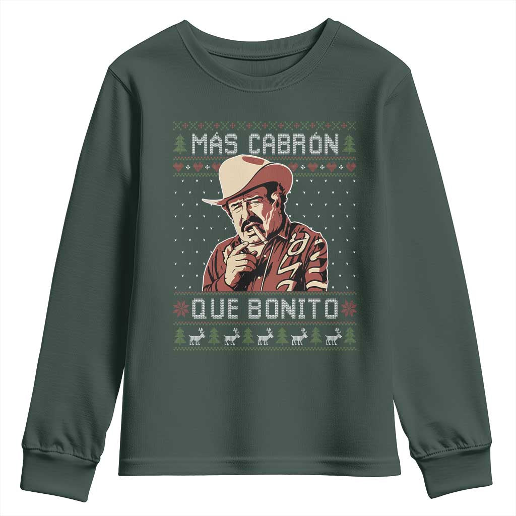 Funny Julian Garza Christmas Youth Sweatshirt Mas Cabron Que Bonito Cowboy Holiday Mexican Xmas TS11 Dark Forest Green Print Your Wear