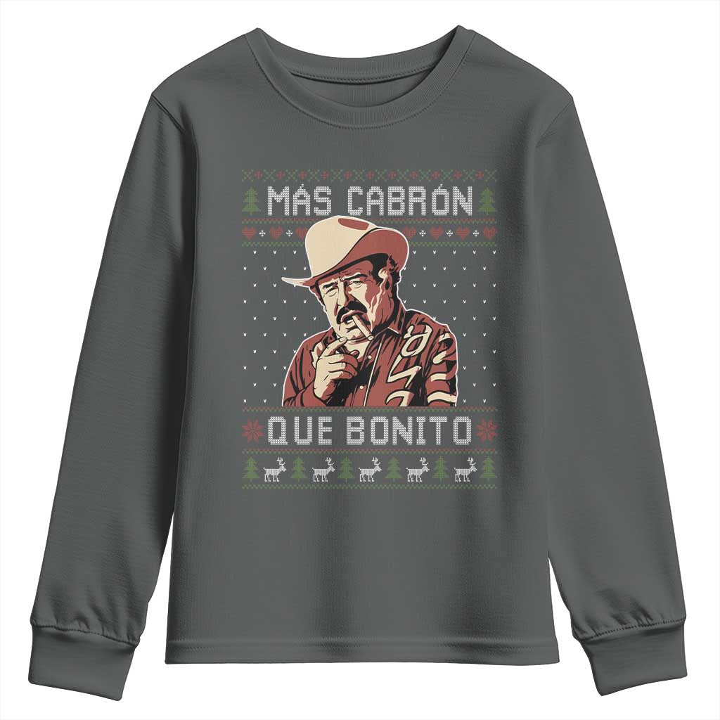 Funny Julian Garza Christmas Youth Sweatshirt Mas Cabron Que Bonito Cowboy Holiday Mexican Xmas TS11 Dark Heather Print Your Wear